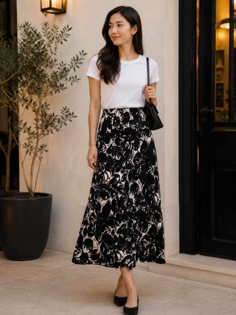 INC International Concepts Women's 100% SILK Midi Skirt 20W Black White Floral